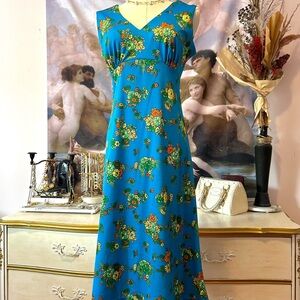 Vintage 1970's Blue Floral Midi Dress!